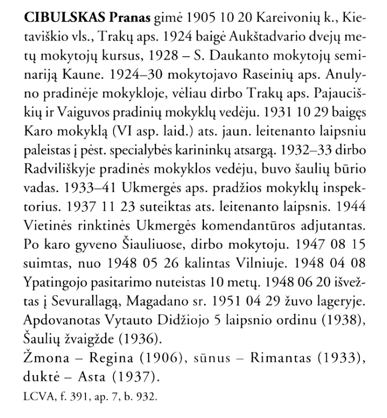 Pranas-Cibulskas „Lietuvos kariuomenės karininkai 1918–1953“, 2 t., 262 p.
